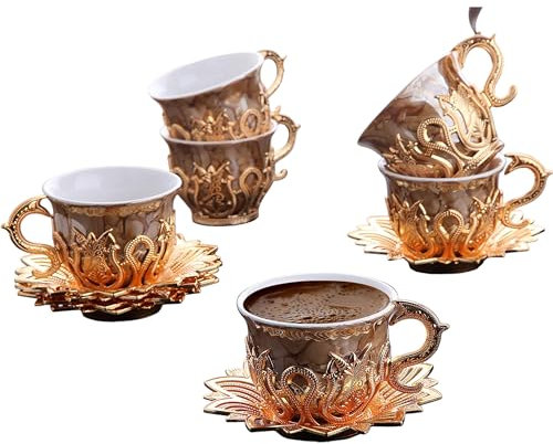 LaModaHome Espresso Coffee Cups with Saucers Set of 6, Porcelain Turkish Arabic Greek Coffee Cup and Gold Saucer, Coffee Cup for Women, Men, Adults, Guests, New Home Wedding Gifts