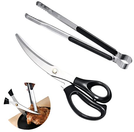 Koreanisches Grillscheren- und Zangen-Set, Grillschere, Grillzange, Edelstahl, ergonomisch, scharfe Schere und Clips für Küche, Kochclips, Pizzaschere für einfache Verwendung, Schwarz