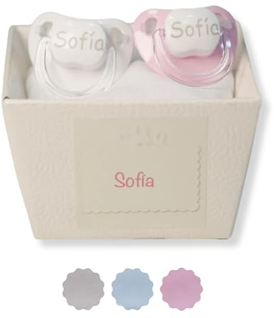 Schnuller für Babys, personalisierbar mit Namen, für Babys von 0-6 Monaten, BPA-frei, präsentiert in eleganter Vintage-Box (Rosa, 2 Schnuller) | BebeDeParis | Geschenk für Neugeborene, Mädchen, BPA-freies Silikon, inklusive personalisierter Box (Rosa). BebeDeParis