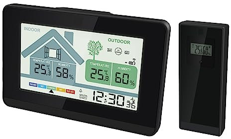 Miraval Funk-Wetterstation: Thermometer innen/außen, Hygrometer, Schimmelwarner, Lüftungsempfehlung, Uhrzeit, Datum, Snooze, Alarmfunktion 2 Alarme, Außensensor 100m Reichweite, LCD, inkl. Batterien