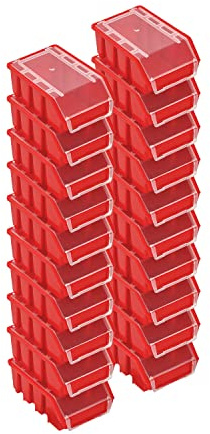PAFEN Set med stapellådor – 20 x stapelbara lådor med lock 160 x 75 x 115 mm – genomskinlig låda för verktygsvägg, förvaringsbox, röd