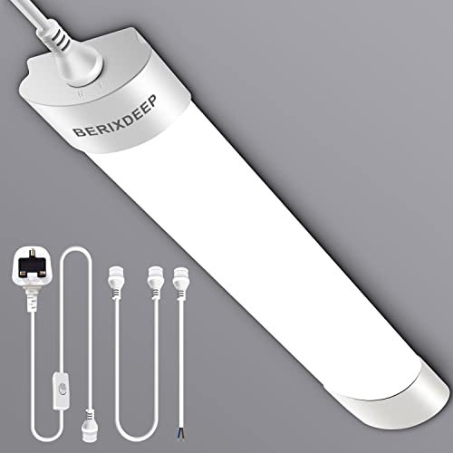 BERIXDEEP 1.3ft LED Batten Light 6500K Daylight, Linkable Plug in Strip Light for Garage, Workshop, Office, Wall, Kitchen, Shed, IP65 Plug in Ceiling Light, 18W