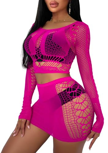Buitifo Donne Lingerie Set Sexy Mesh Due Pezzi Set Maniche Lunghe Top e Gonne Bodycon(Rosa,Taglia unica)