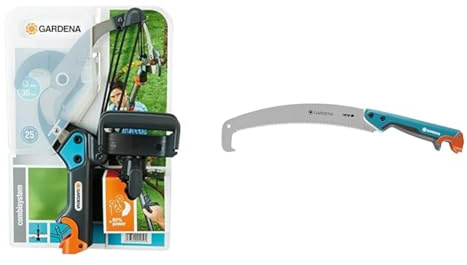Gardena combisystem-Amboss-Baumschere & combisystem-Gartensäge 300 P gebogen: Astsäge für saubere Astschnitte, Sägeblattlänge 340 mm, mit Räumhaken, hartverchromt, Abrutschstopp