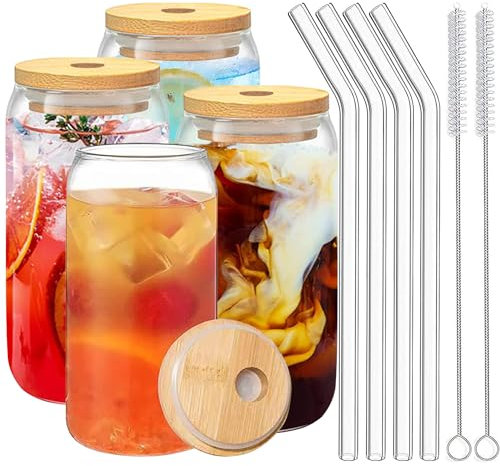 Duscdesp Iced Coffee Cup,Glass Cups with Lids and Straws,Drinking Glasses with Bamboo Lids and Glass Straw,16oz Drinking Glasses Set,Iced Coffee,Cocktail (4 Pcs Set)