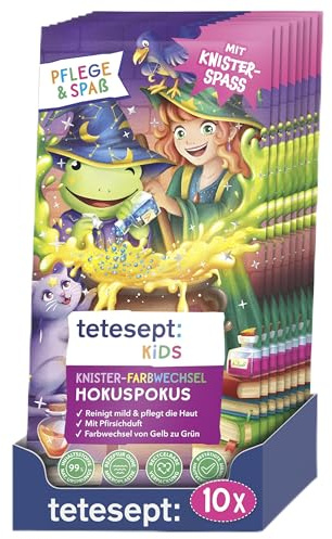 tetesept KIDS Knister-Farbwechsel Hokuspokus, Badezusatz, 10 x 45 g | Pflegender Badezusatz, Pfirsichduft, Farbwechsel Gelb zu Grün, mit Macadamianussöl & Kakaobutter, ab 3 Jahren