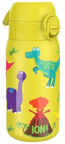 Ion8 Vacuum Insulated Steel Water Bottle, 320 ml/11 oz, Leak Proof, Easy to Open, Secure Lock, Dishwasher Safe, Carry Handle, Metal Water Bottle, ThermoShield Stainless Steel, Yellow, Dinosaur