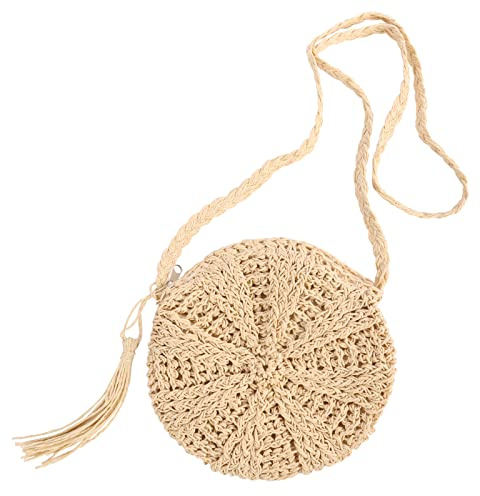Minicloss Strohschultertasche für Frauen, Strand-Runde-Stroh-Crossbody-Tasche mit Quaste, gewebte handgemachte Henkeltasche mit Reißverschluss, Sommer-Strand-Strohhandtaschen mit böhmischer Geldbörse