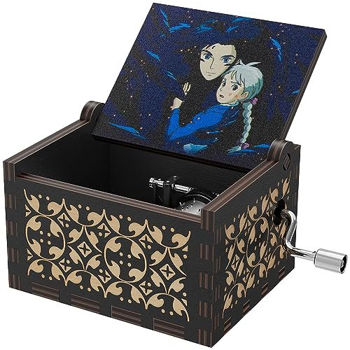 HLZK Howl's Moving Castle Wood Music Box,Anime Theme Music Merry Go Round of Life Wooden Hand Cranked Musical Boxes New Year Birthday Gift (Black)