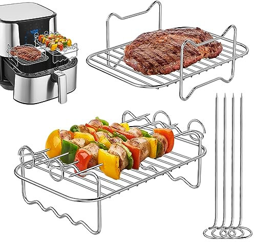Ainiv 2 PCS Air Fryer Racks Compatible with Ninja Dual AF300UK AF400UK, Layered Dehydrator Rack, Skewer Rack with 4 Skewers, 304 Stainless Steel Dual Air Fryer Accessories for Grill, Oven, Air Fryer