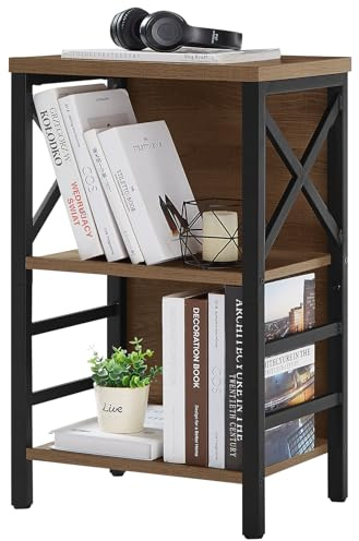 MNEETRUNG Small Bookshelf,3 Tier Industrial Bookcase with Metal Frame and Backboard,Low Rustic Brown Book Shelf,Book case for Small Spaces,Living Room,Bedroom and Home Office