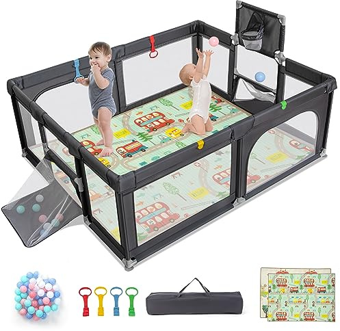 COSTWAY Parque Infantil para Bebés con Colchoneta, Corralito para Bebés con Puertas, Canasta de Baloncesto, Redes de Fútbol, Centro de Actividades con Bolsa de Transporte para Niños (Gris Oscuro)