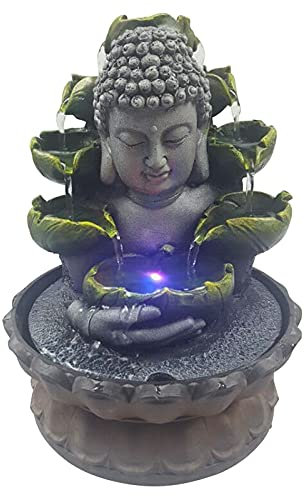 Fontaine d'intérieur Bouddha - Décoration zen - 3 niveaux - Avec LED RVB à 4 couleurs - Pour la méditation et la détente - 20,5 x 20,5 x 28 cm