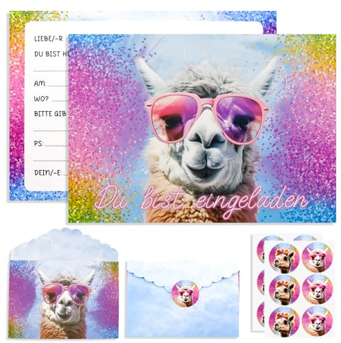 Hpbaggy 12× Glitzer Alpaka Einladungskarten Kindergeburtstag | Mädchen Jungen mit Umschläge,Alpaka Geburtstag Einladungen,Partyzubehör Einladungskarten Geburtstag