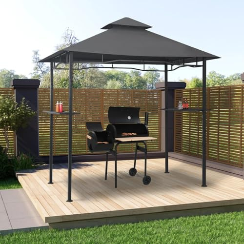 Rantry Gazebo per Barbecue Resistente alle Intemperie con Doppio Tetto e Bancone Bar, 240x150x255 cm, Antracite, Acciaio e Tessuto 100% Poliestere, Ignifugo, Assemblaggio Richiesto