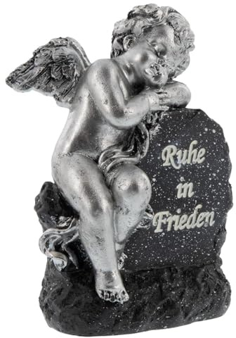 AKTIVHANDEL Edler Grabschmuck in Marmor-Optik, schwarzer Stein mit silbernem Engel und Inschrift Ruhe in Frieden inkl. Einkaufswagenchip