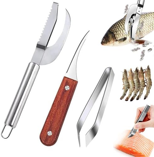 CHENNAN Squamatore per Pesci 3 in 1, Coltello per Squame di Pesce, Coltelli Linea Gamberetti, con Pinzetta per lische di Pesce e Attrezzo per sgusciare i gamberetti, Adatto per Pesce e Carne (3pcs)