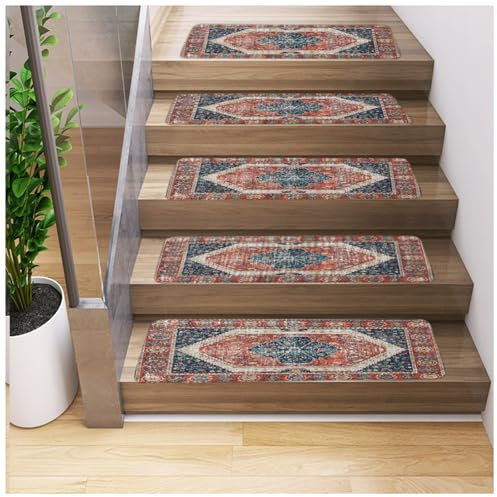 Rutschfeste geometrische Stufenmatten im Boho-Stil für Holzstufen, Indoor-Treppenläufer mit Vintage-Teppich-Design, 10 Stück, Stufenmatten für Treppenhäuser, rutschfester Treppengriff und Bodenschutz