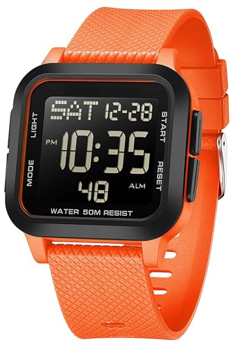 findtime Orologio digitale da uomo, impermeabile, impermeabile, con allarme militare, cronometro, orologio da corsa elettronico per attività all'aperto, Arancione
