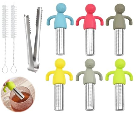 Abiyou 6PCS Infuseur de Thé Silicone Acier Inoxydable, Humanoïde Filtre à Thé Envoyer 1 Pince à Glace et 2 Brosse à Paille, Infuseur à Thé Inoxydable, Infuseur à Thé Créatif, pour Thé en Vrac, Tasse