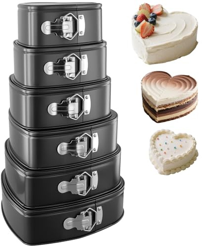 SINJEUN Juego de 6 moldes para tartas con forma de corazón, 18 cm, 20 cm, 22 cm, 24 cm, 26 cm, 28 cm, con base extraíble, forma de corazón, color negro