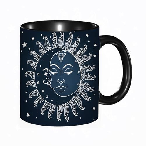 HRRASFAZF Tasse à Café | Tasse Céramique Fine | Cadeau Original | 330ml | Mug avec Anse | Cadeau Original pour Homme et Femme | Soleil et lune, motif du ciel soleil avec croissant de lune art de minu