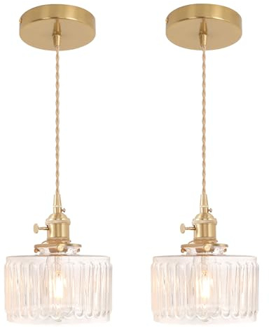 Shenmoyl Pendant Light 2 Pack with Clear Striped Glass Lampshade, Brass Vintage Pendant Light Adjustable Hanging Light for Kitchen Island Dining Room Hallway