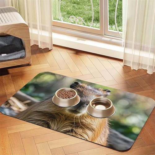 Capybara Hundefuttermatten mit geschlossenen Augen, für Böden, 40,6 x 61 cm, rutschfest, super saugfähig, für Geschirrspüler, Hundematte für Futter und Wasser, niedlich, Gummi, schnell trocknend