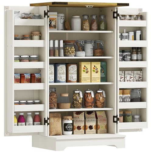 HOMCOM Armario Despensa Cocina Armario de Cocina con 2 Puertas y 16 Estantes Alacena Rústica con Estante Ajustable para Comedor Salón 60x40x104 cm Crema