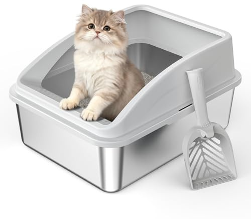 FURTIME Lettiera per gatti in acciaio inox, 18 l, con pala, in metallo con alloggiamento laterale a parete alta, a prova di perdite, per gattini, 43 x 33 x 20 cm