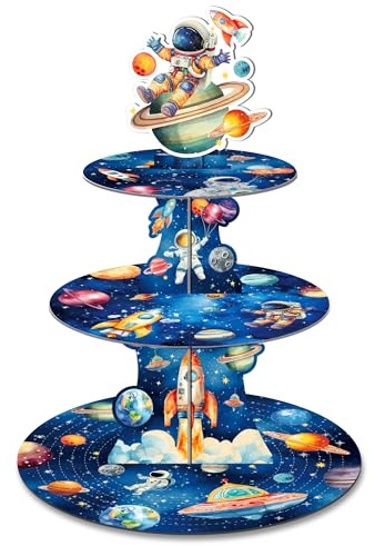 CC HOME Weltraum Cupcake Ständer,3 Etagen Tortenständer Kuchenständer aus Pappe Dessert Turm für Weltraum Kindergeburtstag Deko Tischdeko Geburtstagsparty Babyparty Astronauten Party Dekorationen
