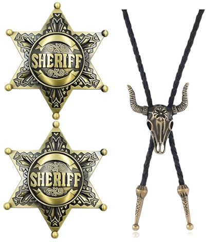 3 Stück Cowboy Kostüm Herren, Bolo-Krawatte, Leder Halloween Krawatte Cowboy Kuh Schädel, Western Cowboykrawatte und Sheriff-Stern, Lariat Halskette Schwarz Leder Rodeo Anhänger für Damen und Herren