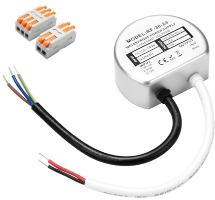 Muzveik Transformador LED 230V a 24V DC 30W 1,25A, IP67 Impermeable, Alimentador Redondo Ø57mm con 2 Conectores para Tiras LED, Focos y Iluminación Exterior