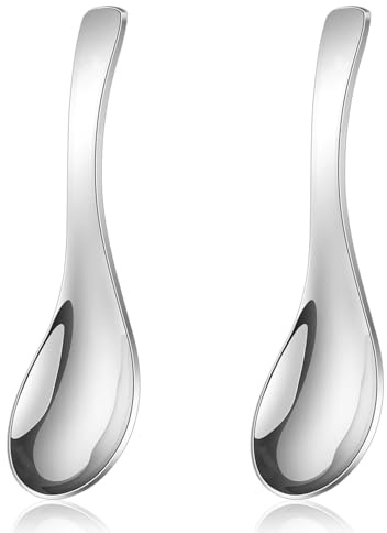 QZKJQDD Soup Spoons 2 Pieces Set, Stainless Steel Round Stainless Steel Bouillon, 2 High-Grade Spoons for Soup Spoon for Kitchen, Dining Table, Sleek Design, Durable Construction (Style 3)