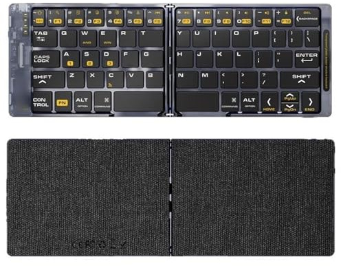 Yanmis Faltbare Bluetooth-Tastatur, Tragbare Kabellose Klapptastatur mit PU-Lederbezug, Unterstützt Bis zu 3 Geräte für Laptop, Tablet, PC, Smartphone