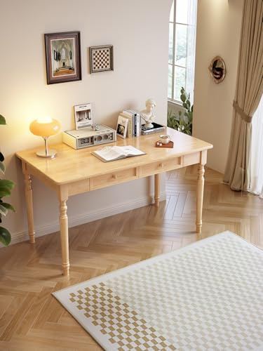 Schreibtisch mit Schublade aus Gummibaumholz Massivholz, Massivholz Computertisch Shabby Chic Schreibmöbel Unikat(Natur,39in)