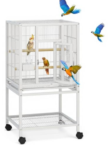 PortoAlegre Grande cage à oiseaux, à roulettes, en métal, avec plateau amovible, mangeoires, barres en bois UNH, facile à nettoyer, haute cage d'élevage, 48 x 46 x 103 cm