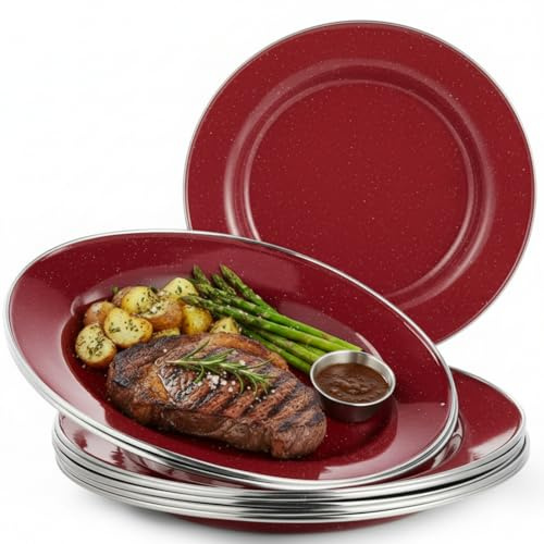 Sawysine 8 Pack Enameled Camping Plates, 10 Inch Metal Dinner Plates, Red