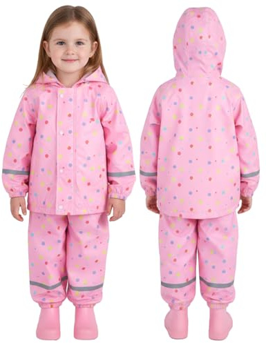 JiAmy Boys Girls Waterproof Suit, Toddler 2-Piece Raincoat with Portable Storage Bag and Reflective Strip Pink for 4-5 Years