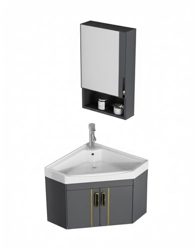 GdloWOoc Moderno Lavabo Angolare da Parete, Mobiletto Bagno con Rubinetto Specchio Contenitore Ante, Salvaspazio Slim Mobiletto sotto Lavabo Bagno per Piccoli Spazi(Gray)