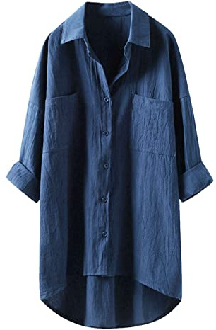 Generisch Camisa de lino para mujer, blusa de lino para verano, algodón, cuello en V, blusa oversize, túnica, manga larga, holgada, tiempo libre, Boho A48
