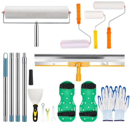 kit de Herramientas de Autonivelación de Cemento, Rodillo de Púas Autonivelante 52cm+24cm, Zapatos con Pinchos Para Cesped 30 mm, Rascador de Acero Inoxidable, Palo Telescopico Limpieza 157cm