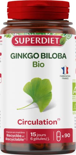 SUPERDIET - GINKGO BILOBA BIO - Circulation & Mémoire - Phytothérapie - Fabrication française -90 gélules