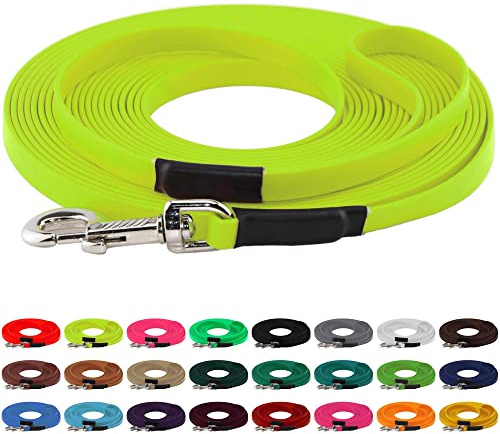 LENNIE BioThane Schleppleine, 13mm, Hunde 15-25kg, 7m lang, mit Handschlaufe, Neon-Gelb, genäht
