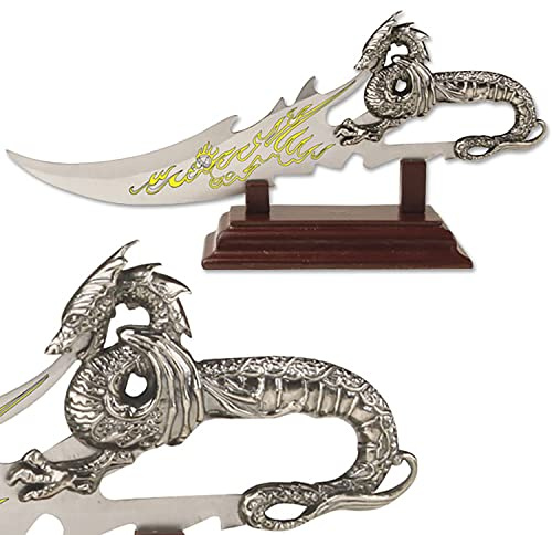 MASTER USA Fantasy Dragon Knife with Wood Display Stand OR Sheath (Silver)