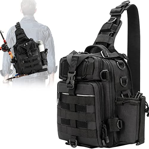 BLISSWILL Fishing Backpack Outdoor Tackle Bag Large Fish Tackle Bag Water-resistant pack with Rod Holder Shoulder Backpack fishing gifts for men(Black)