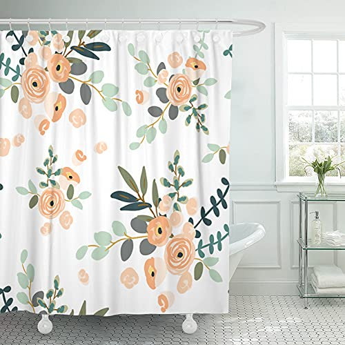 Emvency 72x72 Shower Curtain Peach Coral Waterproof Blush Pink Floral Bouquets On The White Rose Flowers Exotic Summer Beach Home Decor Polyester Fabric Adjustable Hook Set