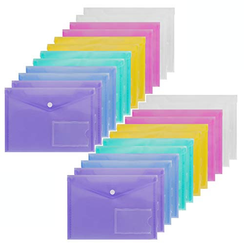 Acrux7 Kunststoffumschläge, A5, Poly-Ordner mit Druckknopf und Etikettentasche, Kunststoff-Ordner für Dokumente, Aktenordner für Schule, Zuhause, Arbeit, Büro, 6 verschiedene Farben, 24 Stück