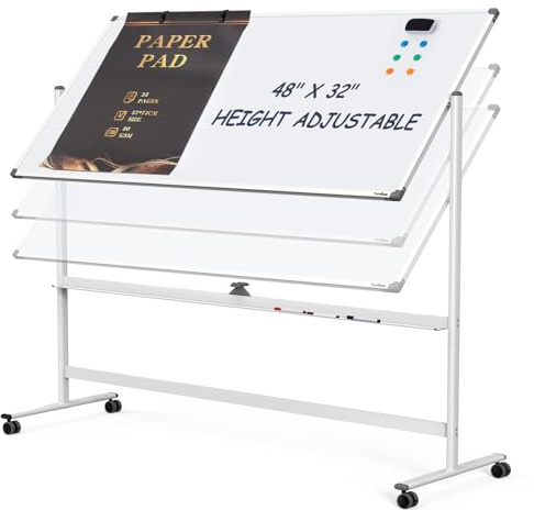 Whiteboardstaffli på hjul – 122 x 81 cm stor dubbelsidig mobil whiteboard, vändbar magnetisk rullande vit tavla för hemmakontor klassrum, flip-diagramhållare och pappersdyna