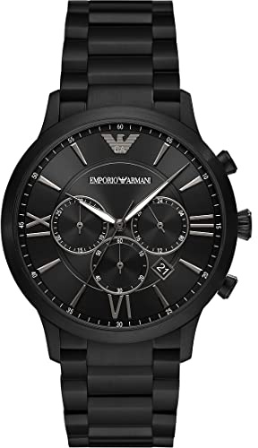 Emporio Armani Herrkronograf, rostfritt stål klocka, 43 mm boettstorlek, Svart rostfritt stål, En storlek, Bälte